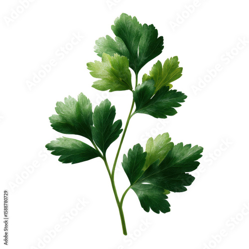 Fresh green parsley leaves on a white isolated background, ideal for culinary and herbal themes.