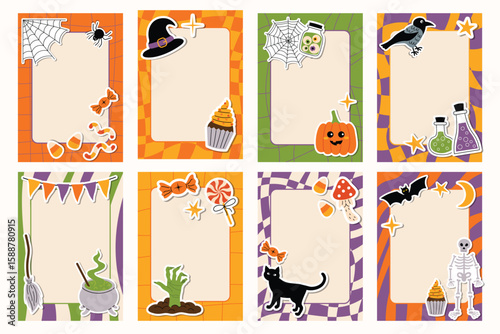 Set of cute Happy Halloween vertical notes or posters with checkered groovy borders and empty space.