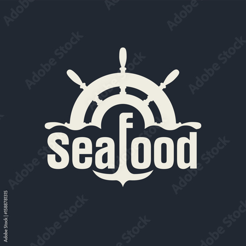 Vector banner with  steering wheel, sea wave and anchor with the inscription "Seafood". Menu, logo, signboard of a restaurant, cafe, fish shop. Advertising billboard. Print, fabrics, T-shirts. No ai