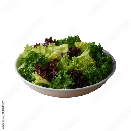 Fresh mixed salad leaves in a bowl, showcasing vibrant greens and reds, perfect for healthy eating, salads, and gourmet dishes on a white isolated background.