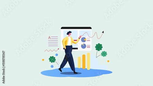 Business Analyst Presenting Digital Metrics is a flat character explainer scene perfect for startup videos, business presentations, or UI/UX concept animations.