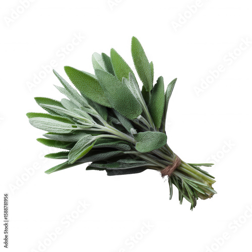 Fresh sage herb bunch, vibrant green leaves, perfect for culinary use or herbal remedies, isolated on a clean white background.