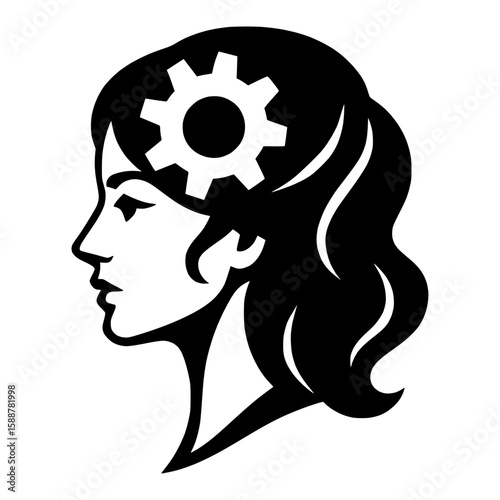 Female side profile with gear symbolizing intelligence, creativity, idea generation, and mental problem solving