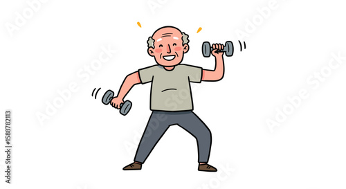 Active senior man exercising with dumbbells in a cheerful manner  