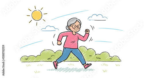 Active senior woman jogging in sunny park during wellness retreat  