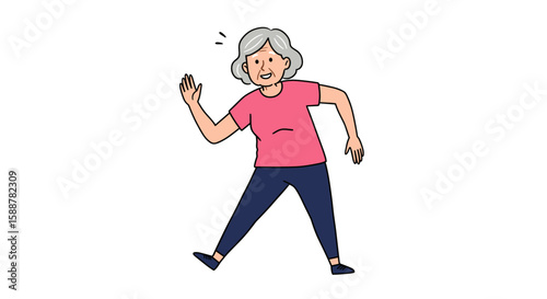 Elderly woman walking cheerfully in casual attire illustrating wellness retreat  