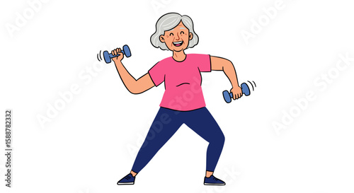Active senior woman exercising with dumbbells in fun illustration  