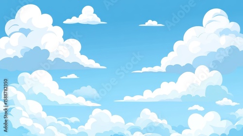 Cheerful Cartoon Cloudscape Bright Blue Sky with Fluffy White Clouds.