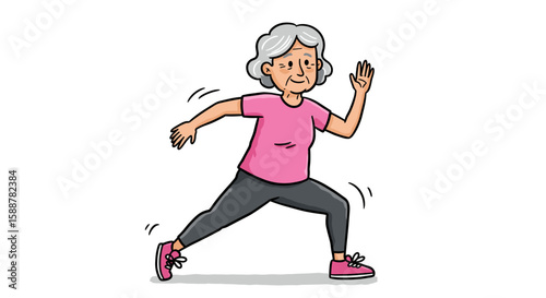 Active senior woman jogging with a cheerful expression in flat vector style  