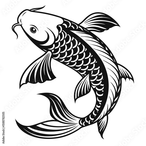 Black and white illustration of a swimming koi fish