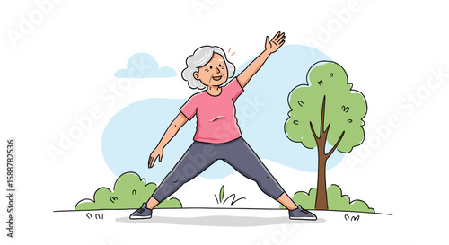 Active senior woman exercising outdoors with trees and blue sky  
