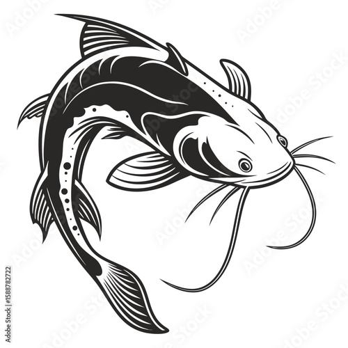 A stylized catfish swims with its barbels extended