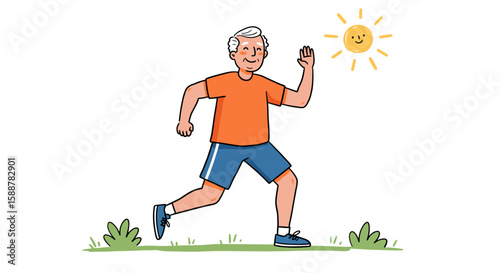 Active senior man jogging in the sun with a joyful expression  
