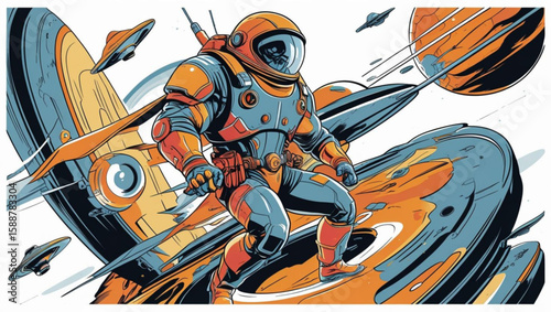 Futuristic Astronaut Surfing on a Spaceship in a Comic Book Style