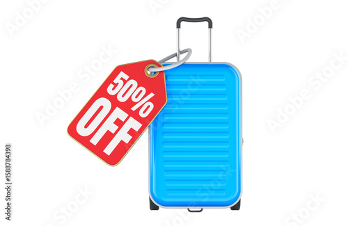 Suitcase with 50 percent off sale tag. 3D rendering isolated on transparent background