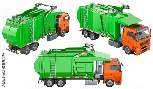 Green Garbage Truck, multiple views. 3D rendering isolated on transparent background
