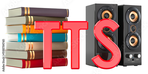 TTS text to speech concept with books and speakers. 3D rendering isolated on transparent background