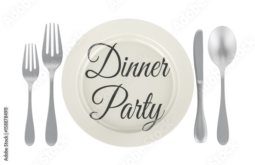 Dinner Party concept. Plate with text. 3D rendering isolated on transparent background