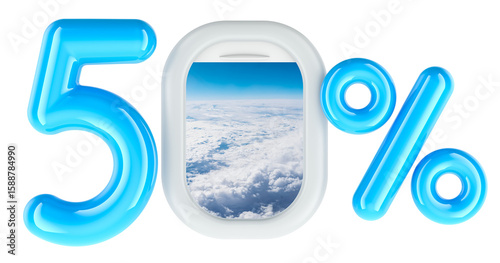 Airfare discount 50 percent concept with airplane window. 3D rendering isolated on transparent background