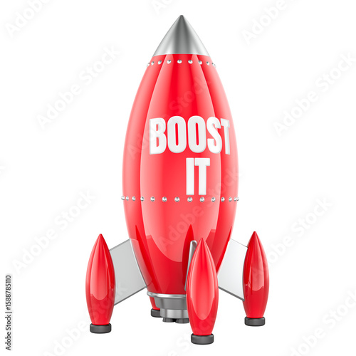Boost It, red rocket with text. 3D rendering isolated on transparent background
