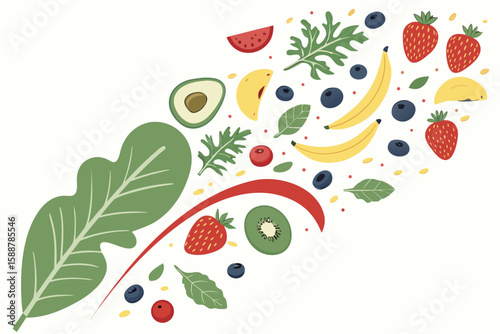 An illustration of a variety of fruits and greens scattered on a white background in a healthy theme