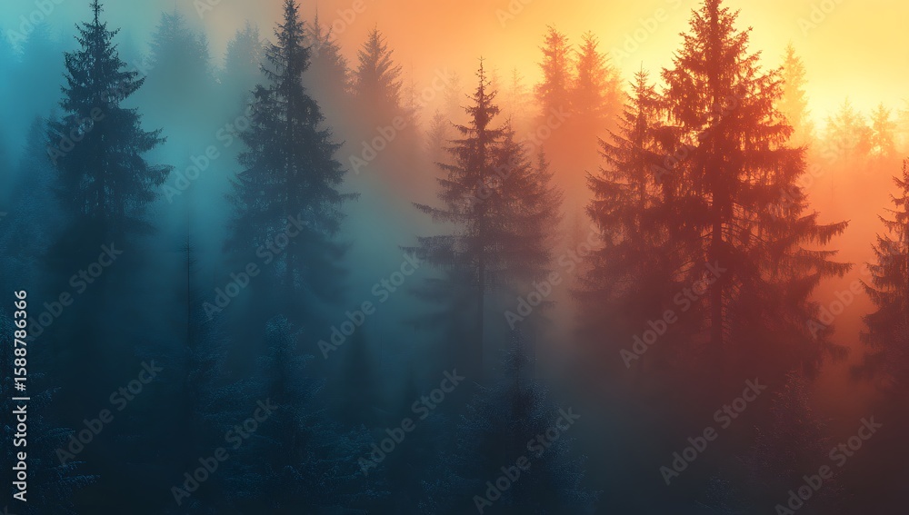 Naklejka premium Misty forest landscape with silhouetted pine trees against a soft, golden sunrise, creating a serene and ethereal atmosphere in nature