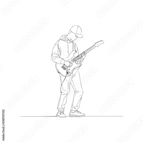 Young male Asian guitarist in hoodie playing electric guitar, front view black line style for youth culture, street music promotion, concerts or entertainment content on transparent background.