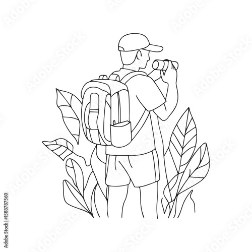 Young male jungle biologist with binoculars in black line style for nature exploration, science posters, and wildlife research visuals on transparent background.