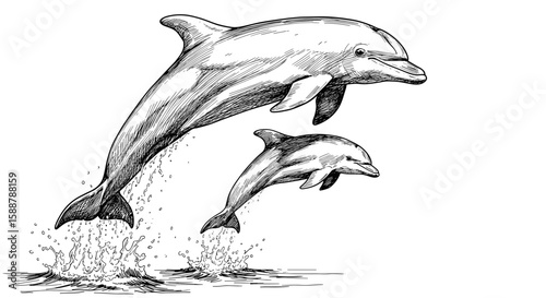 Vintage retro sketch of a dolphin mother and calf leaping from the water, dolphin dance – a hand drawn black and white vector doodle illustration, engraving or woodcut svg

