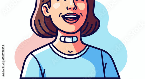Smiling Young Woman with Brown Hair in Light Blue Shirt on Colorful Abstract Background for Blogs, Social Media, Education Resources, and Positive Messaging  