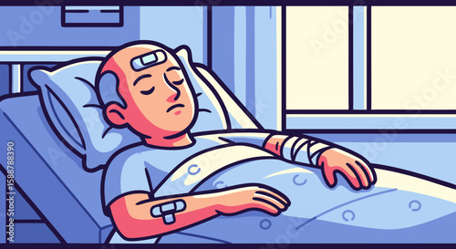 Patient Resting in Hospital Bed with Bandages in Calm Room for Health Awareness Campaigns, Medical Blogs, and Wellness Education Resources  