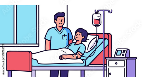 Patient care featuring nurse checking patient on bed with intravenous drip. Patient care includes treatment and assistance, doctor monitors health, and nurse provides medical support.