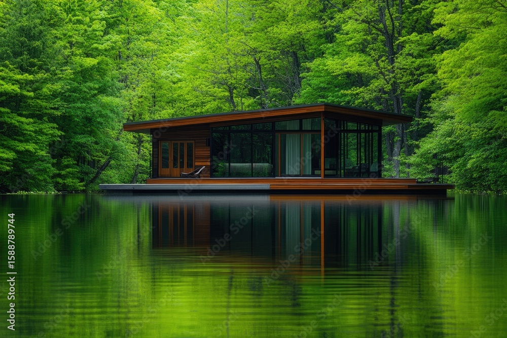 Obraz premium Modern lake house nestled amongst lush green forest, tranquil serene setting.