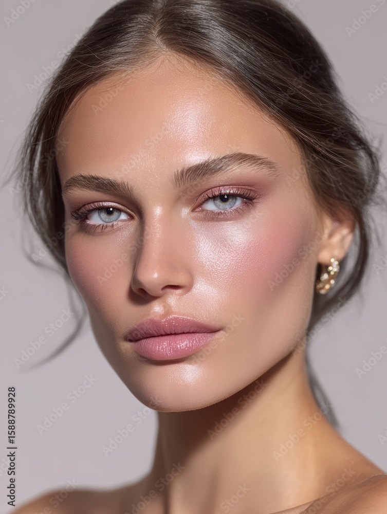 Naklejka premium Beautiful woman with perfect skin and professional makeup posing in beauty portrait