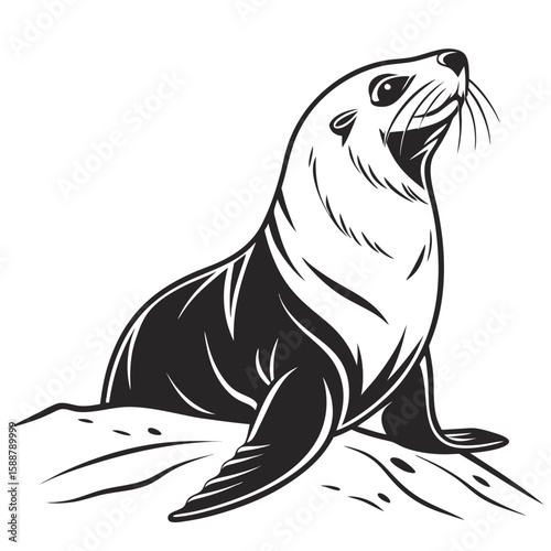 Stylized illustration of a seal sitting on a rock