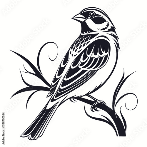 Stylized sparrow perched on a branch with leaves