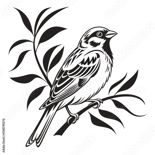 Stylized sparrow perched on a branch with leaves