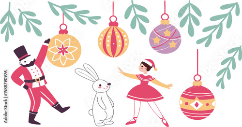 Charming Nutcracker, ballerina, and bunny rabbit celebrate Christmas with pastel ornaments and mistletoe.