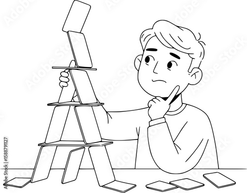 It is a metaphor for the futility of one's efforts. The person is trying to build a house of cards, which constantly collapses, symbolizing the fragility of their hopes and the lack of stability.