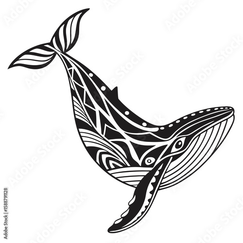 A black and white illustration of an ornate whale