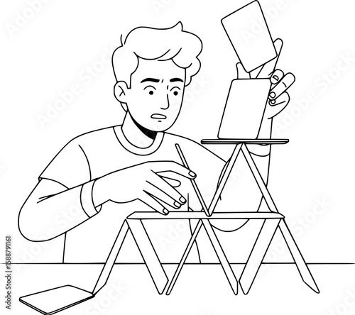 It is a metaphor for the futility of one's efforts. The person is trying to build a house of cards, which constantly collapses, symbolizing the fragility of their hopes and the lack of stability.