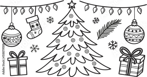 Hand-drawn Christmas tree, ornaments, gifts, and garland; black and white; festive, whimsical style.