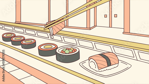 Sushi restaurant conveyor belt with various sushi rolls and nigiri being picked up by chopsticks