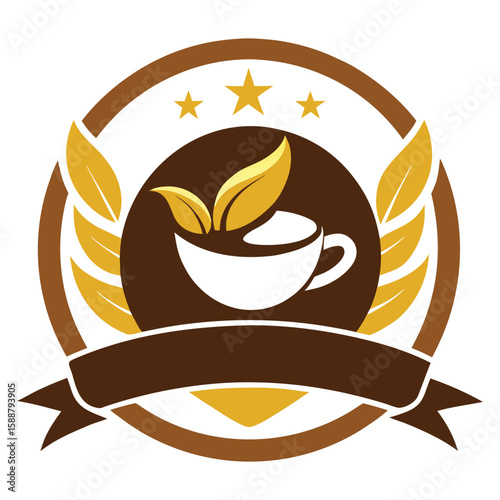 Premium Organic Coffee Tea Cup Leaves Gold Stars Logo