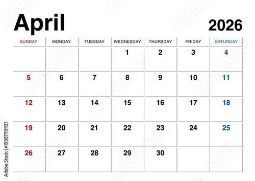 2026年4月のカレンダー日曜始まり 日本の祝日表記無し