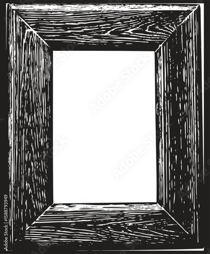 A threedimensional wooden frame with a rough texture borders a clean, white, empty space