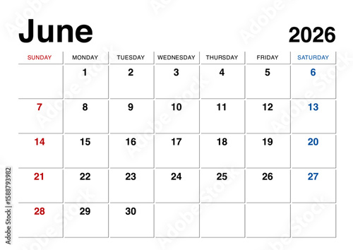 2026年6月のカレンダー日曜始まり 日本の祝日表記無し