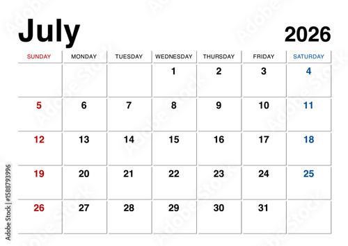 2026年7月のカレンダー日曜始まり 日本の祝日表記無し