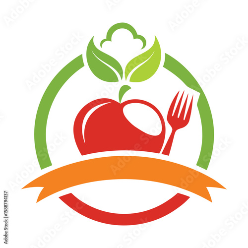 Healthy Fresh Organic Apple Food Fork Leaves Logo