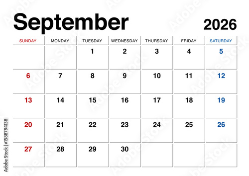 2026年9月のカレンダー日曜始まり 日本の祝日表記無し